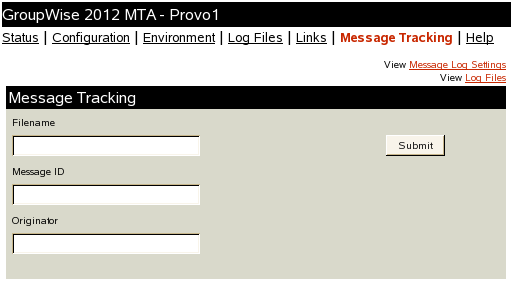 MTA Web Console with the Message Tracking Page Displayed