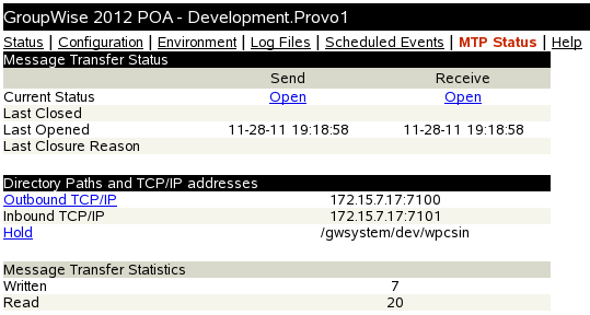 POA Web Console with the MTP Status Page Displayed
