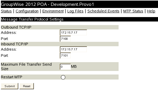 POA Web Console with the Message Transfer Protocol Settings Page Displayed