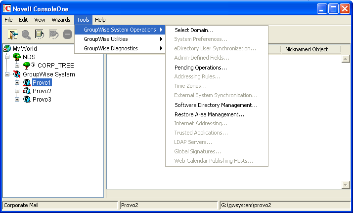GroupWise System Operations Submenu on the Tools Menu