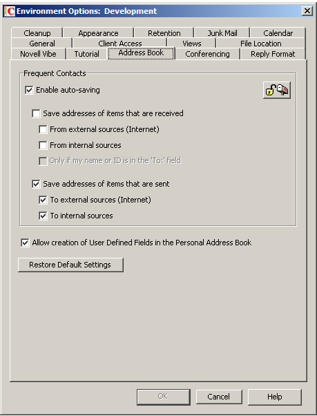Environment Options dialog box with the Address Book tab open