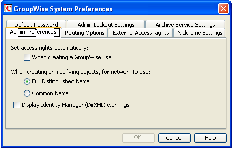 GroupWise System Preferences dialog box with the Admin Preferences tab displayed