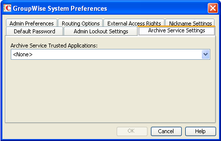 GroupWise System Preferences dialog box with the Archive Service Settings tab displayed