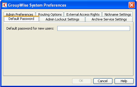 GroupWise System Preferences dialog box with the Default Password tab displayed