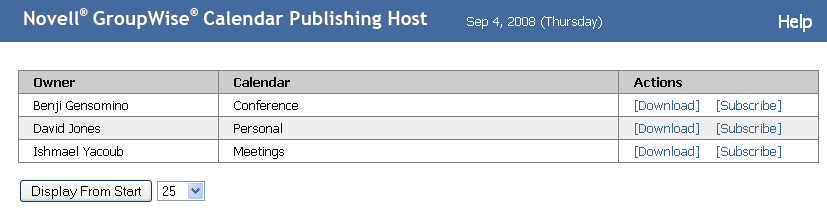 Calendar Publishing Host browse list