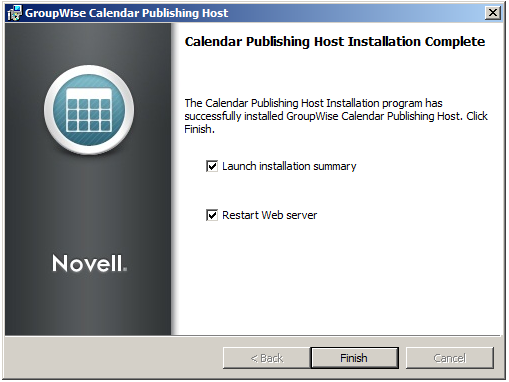 Calendar Publishing Host Installation Complete page