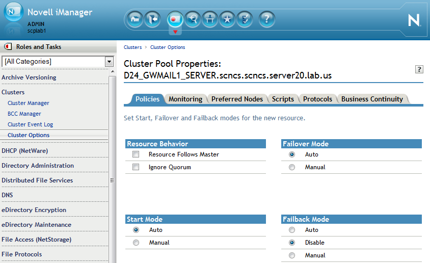 Cluster Resource Properties page