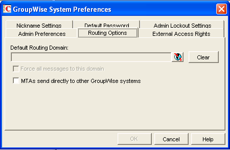 GroupWise System Preferences dialog box with the Routing Options tab displayed