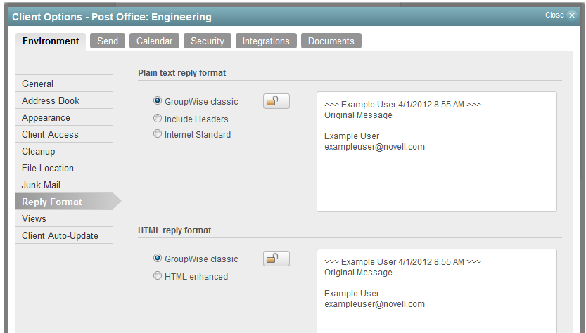 Environment Options dialog box -- Reply Format tab