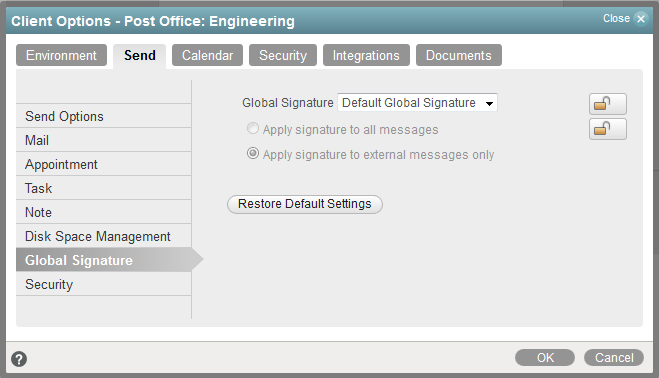 Send Options dialog box -- Global Signature tab