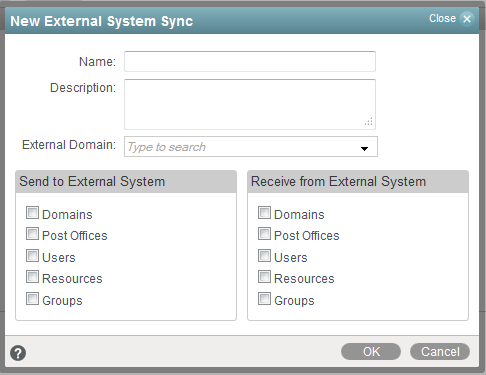 New External System Sync dialog box