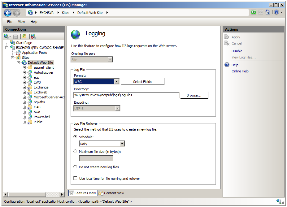Logging settings in IIS Manager