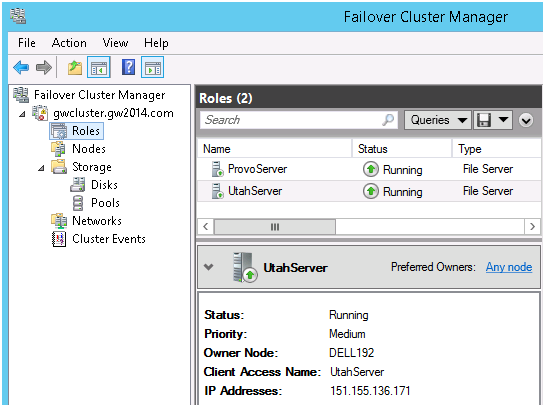 Failover Cluster Manager with two roles defined