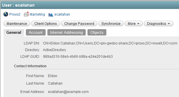 General tab of an imported LDAP user