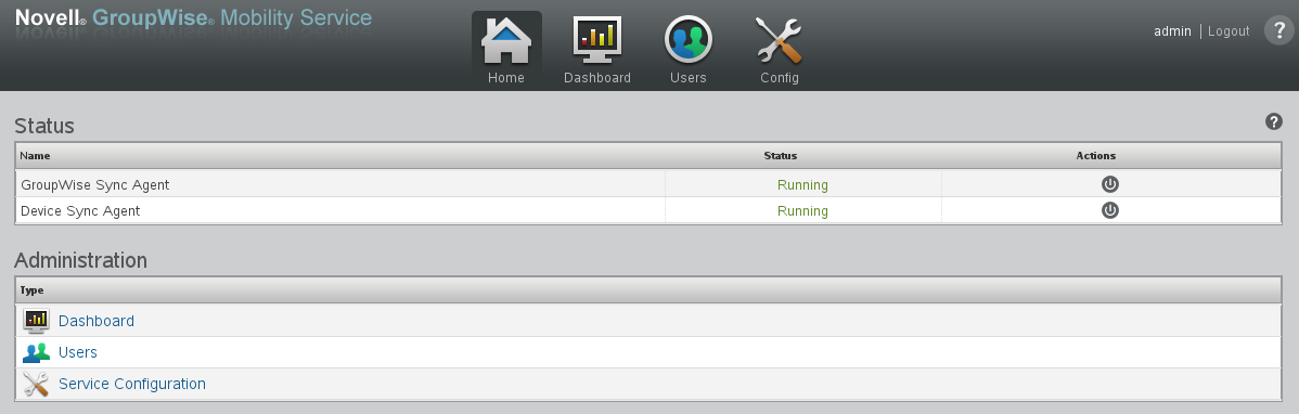 Mobility Admin console main page