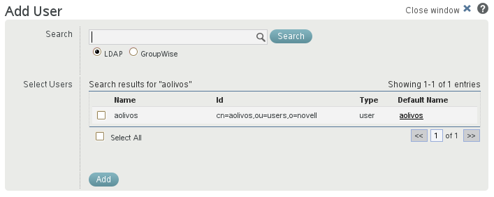 Add User dialog box after a search