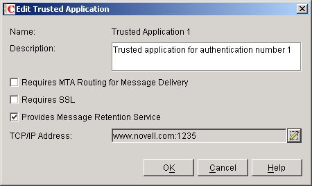 Edit Trusted Application dialog box with Provides Message Retention Service setting turned on