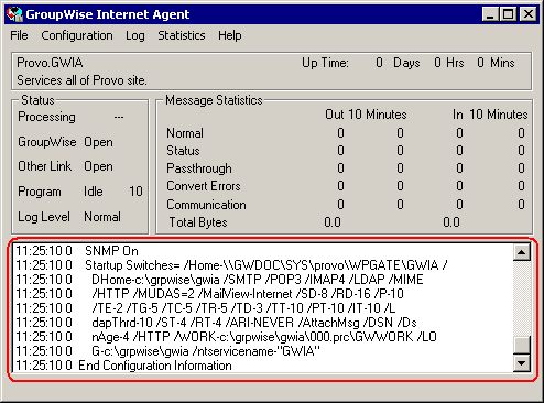 Logging section of the Internet Agent console