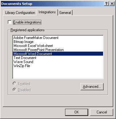 Document Setup dialog box with the Integrations tab displayed