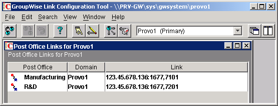 Link Configuration tool with post office links displayed