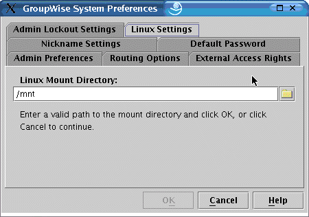 GroupWise System Preferences dialog box with the Linux Settings tab displayed