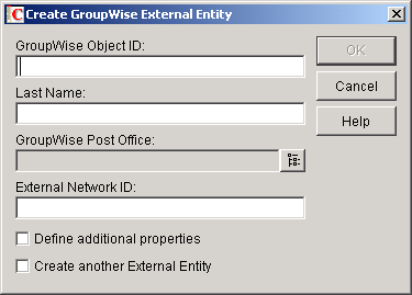 Create GroupWise External Entity dialog box