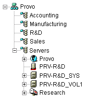 eDirectory tree with the GroupWise objects located in the same containers as the network servers where their directories reside