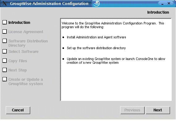 Introduction page in the GroupWise Installation Advisor on Linux