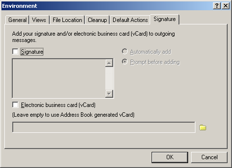 Environment dialog box with the Signature tab open