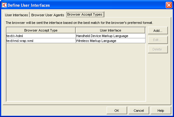 Define User Interfaces dialog box with the Browser Accept Type tab displayed