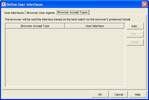 Define User Interfaces dialog box with the Browser Accept Types tab displayed