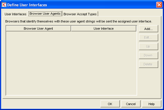 Define User Interfaces dialog box with the Browser User Agents tab displayed