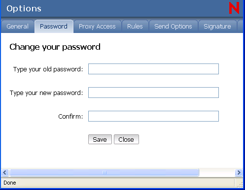 Options view with Password selected