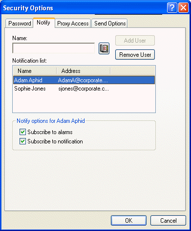 Security Options dialog box with the Notify tab open
