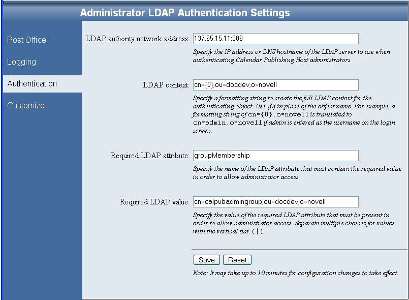 Administrator LDAP Authentication Settings page