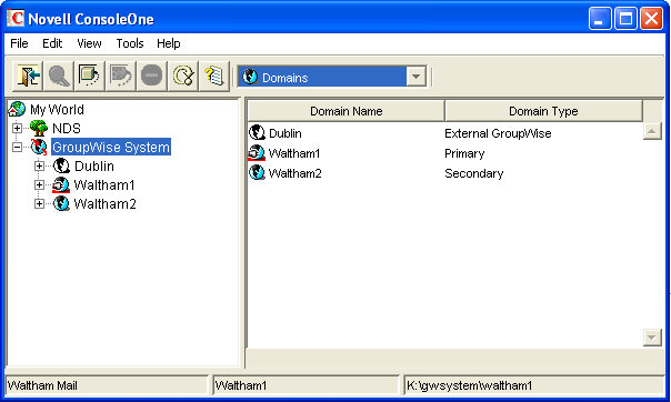 GroupWise View of Novell GroupWise system showing Cambridge as an external domain