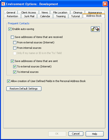 Environment Options dialog box with the Address Book tab open