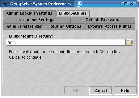 GroupWise System Preferences dialog box with the Linux Settings tab displayed