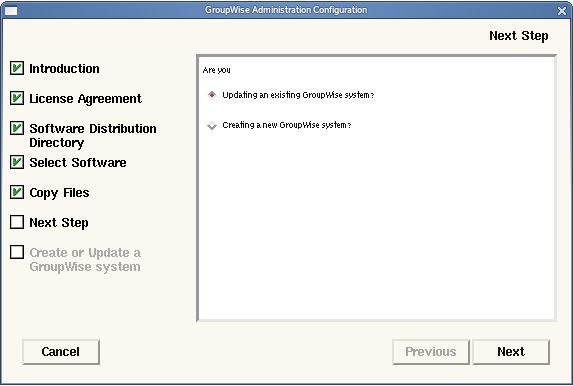 Next Step page in the GroupWise Installation program on Linux