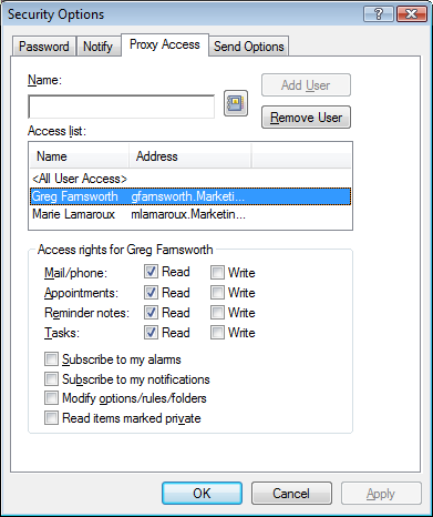 Security Options dialog box with the Proxy Access tab open