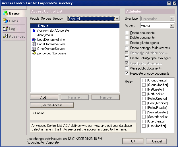 Access Control List dialog box