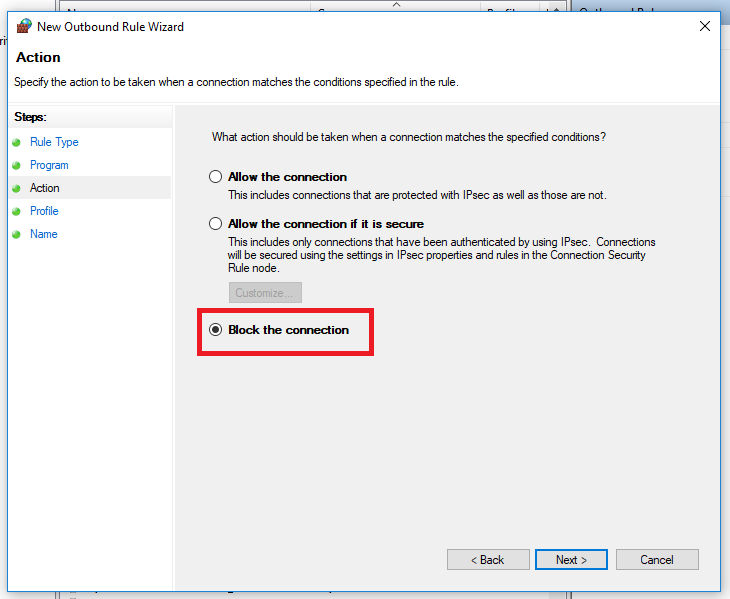 Firewall outbound rule action