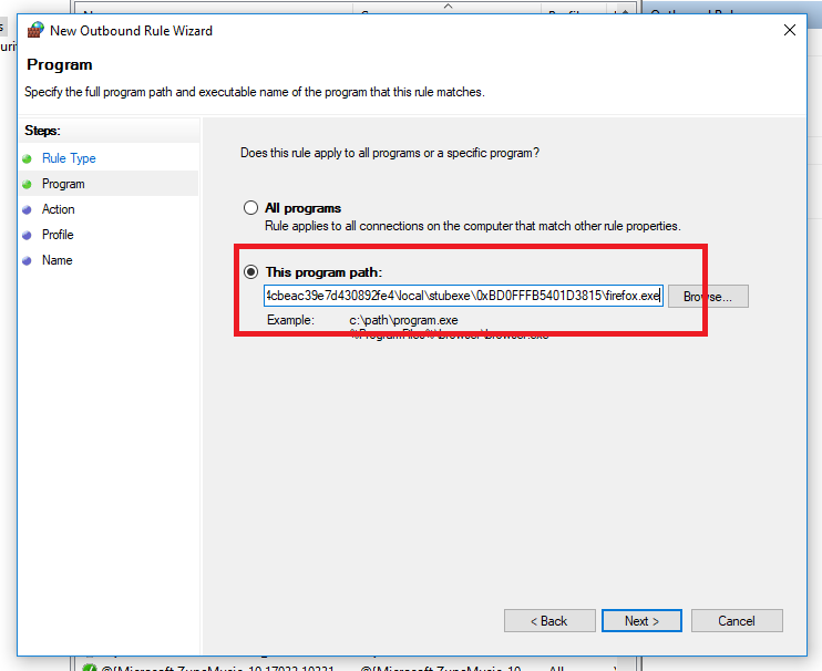 Firewall outbound rule program path