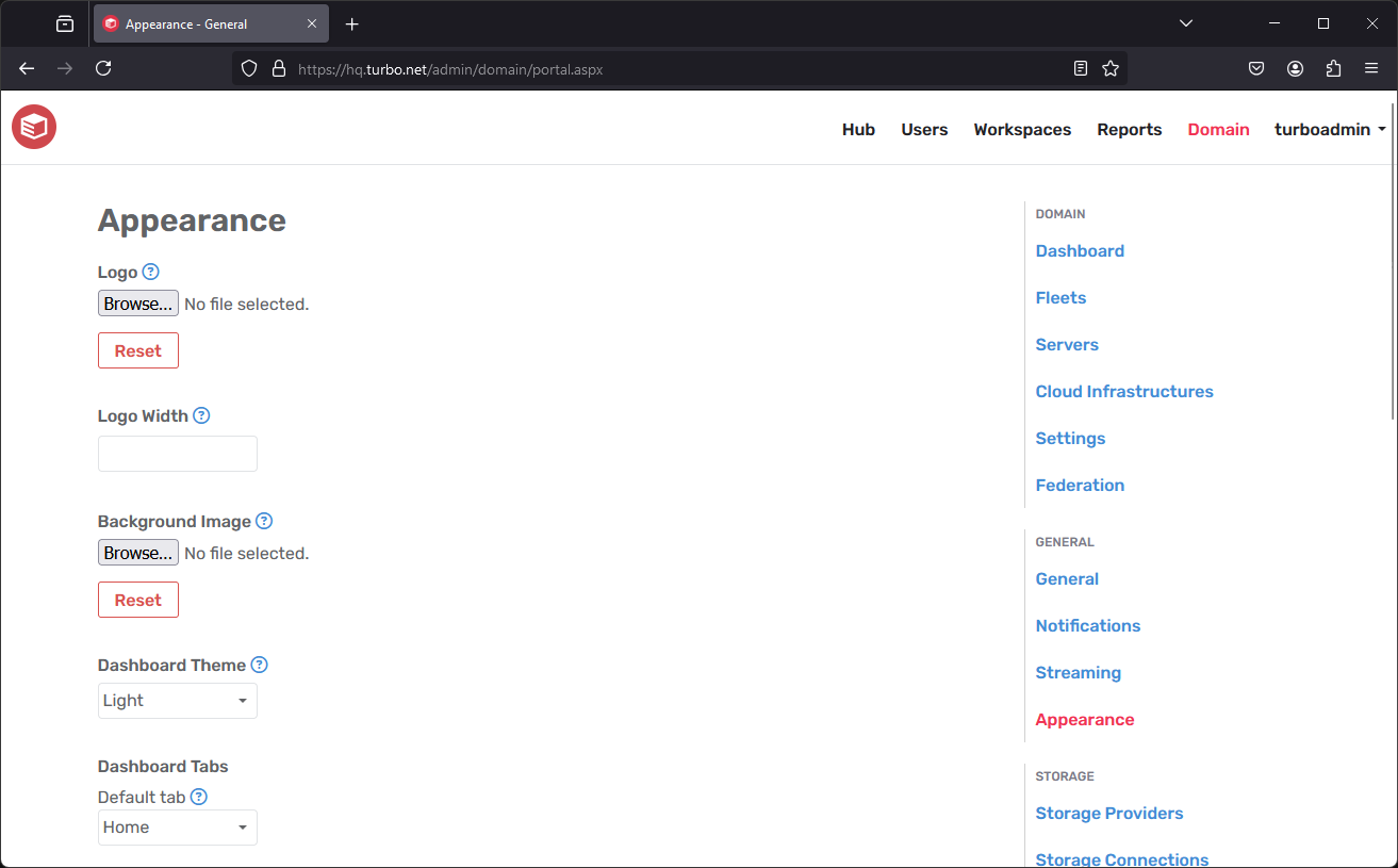 Server admin portal appearance
