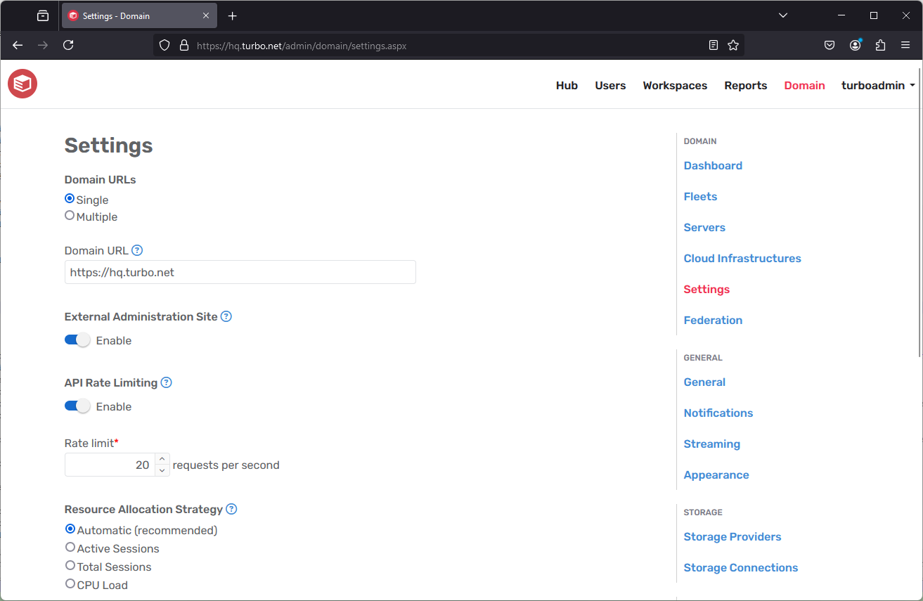 Server admin domain settings