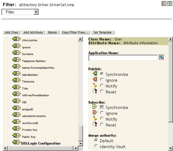 Filter settings for SAS:Login Configuration