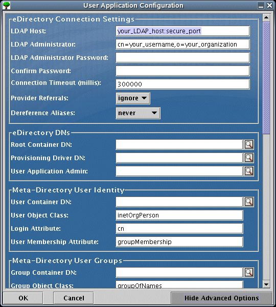 User Application configuration page