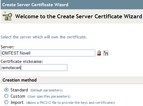 The server and certificate nickname edit boxes