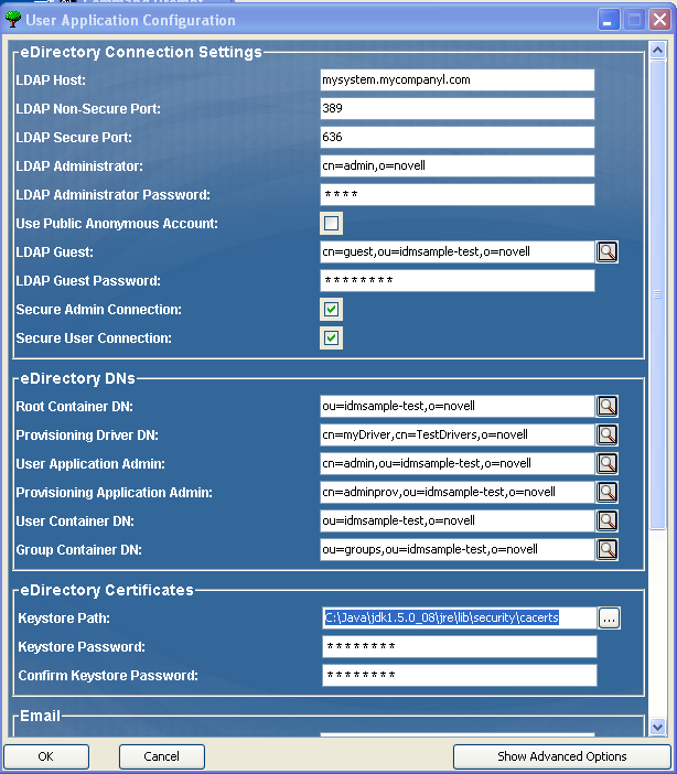 The User Application configuration panel