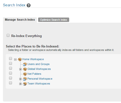 Manage the Search Index page
